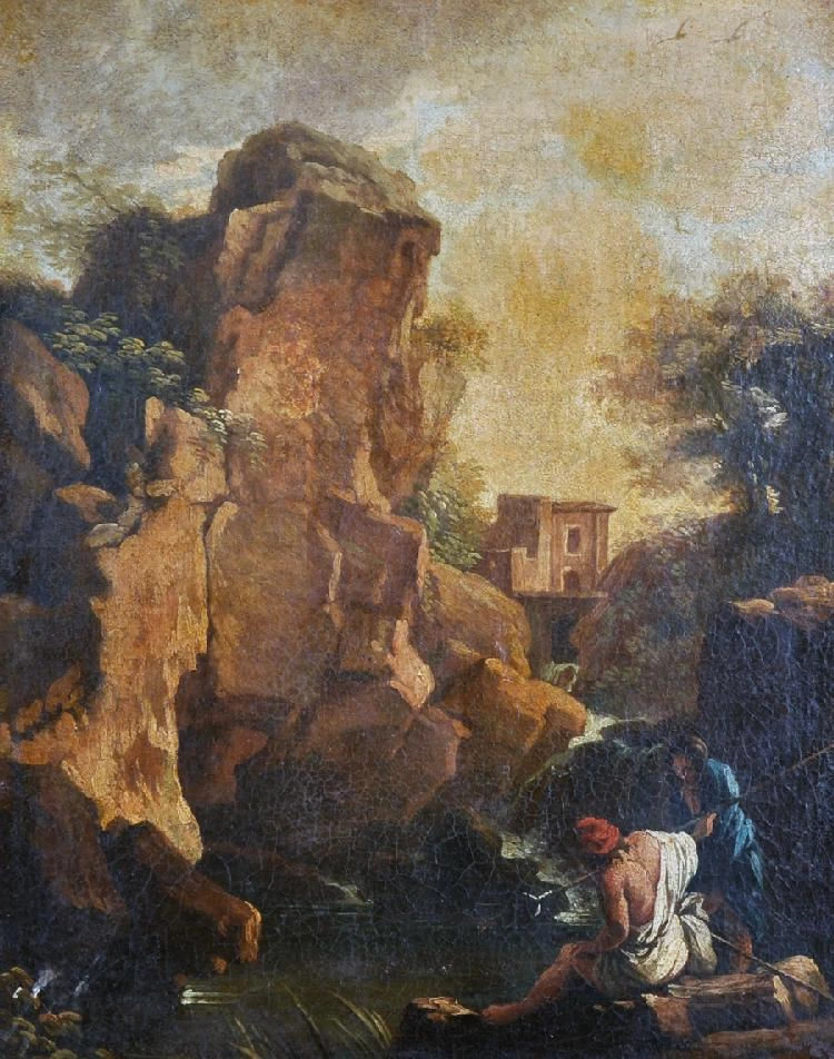Un paesaggio fluviale roccioso, con figure in primo piano